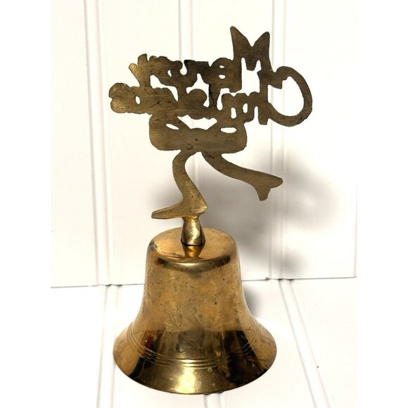 Vintage Solid Brass Bell Merry Christmas Handle Retro MCM 7” - Picture 2 of 4